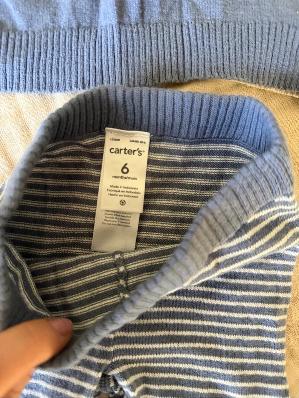 Carter's Blue and Cream Bear Knit Sweater with Striped Leggings 6M